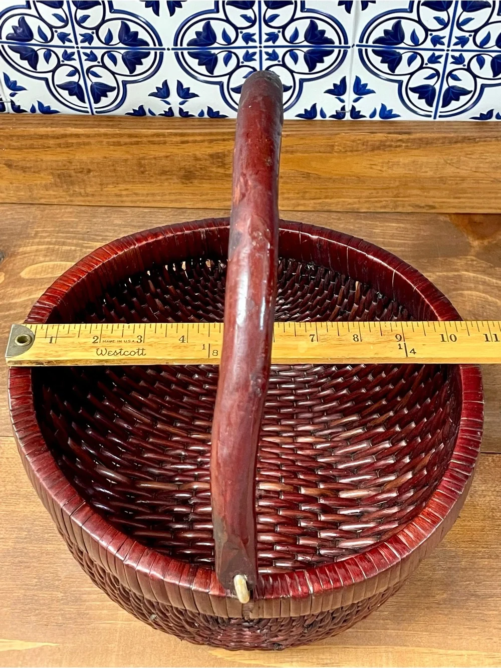 Vintage Chinese Lacquered Woven Harvest Basket Wooden Handle Asian Rustic Decor